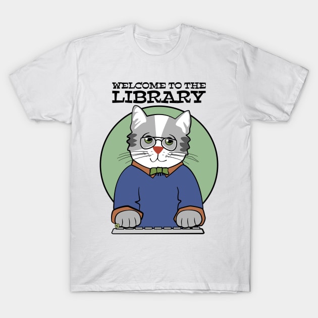 Library Welcome Librarian Cat Man T-Shirt by Sue Cervenka